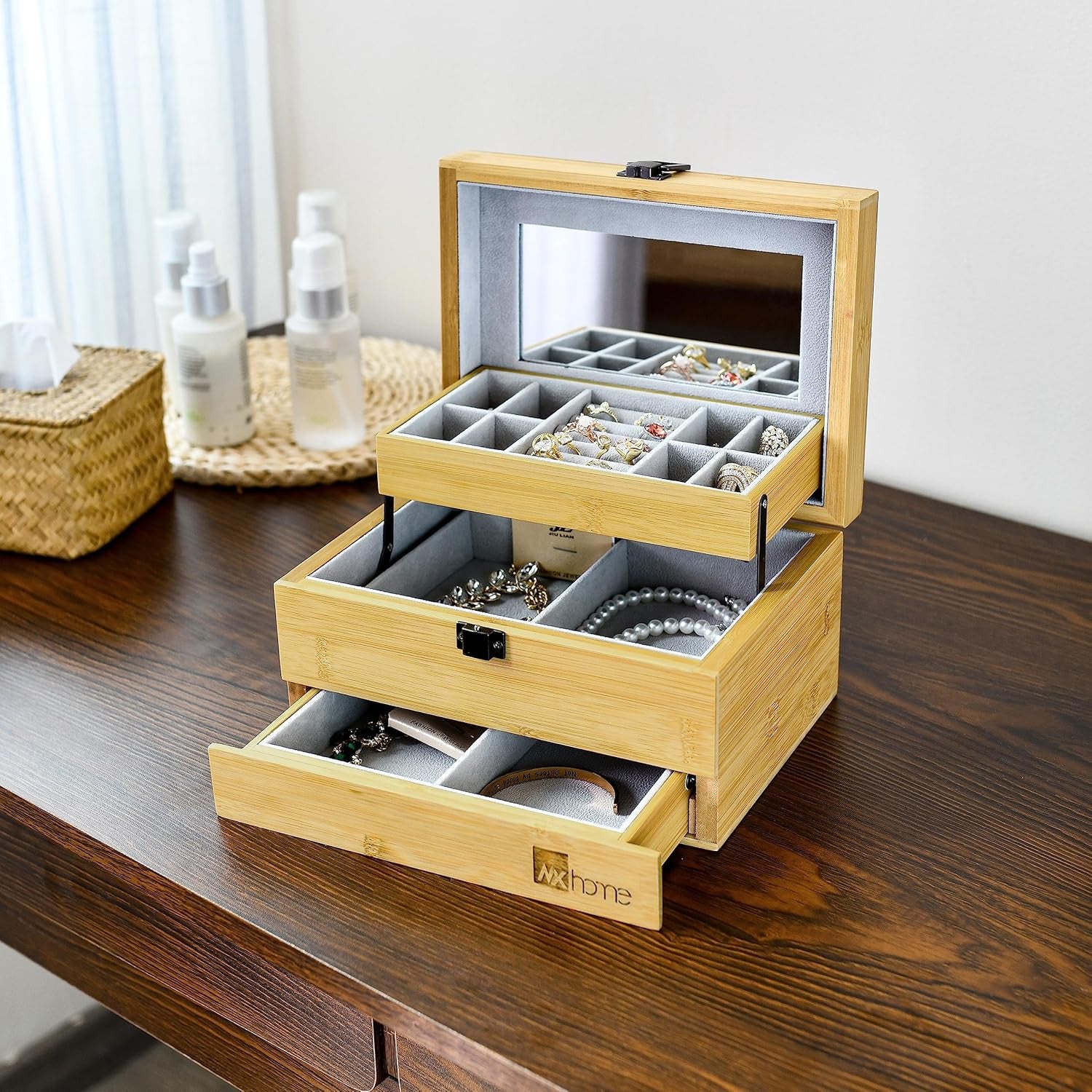 Three-Layer Bamboo Jewelry Box with Mirror Jewelry Storage with Lock Jewelry Organizer with 2 Drawers for Girl Women'S Gift Mother'S Day