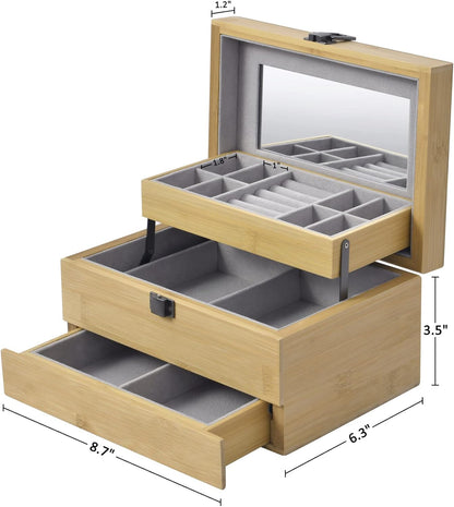 Three-Layer Bamboo Jewelry Box with Mirror Jewelry Storage with Lock Jewelry Organizer with 2 Drawers for Girl Women'S Gift Mother'S Day